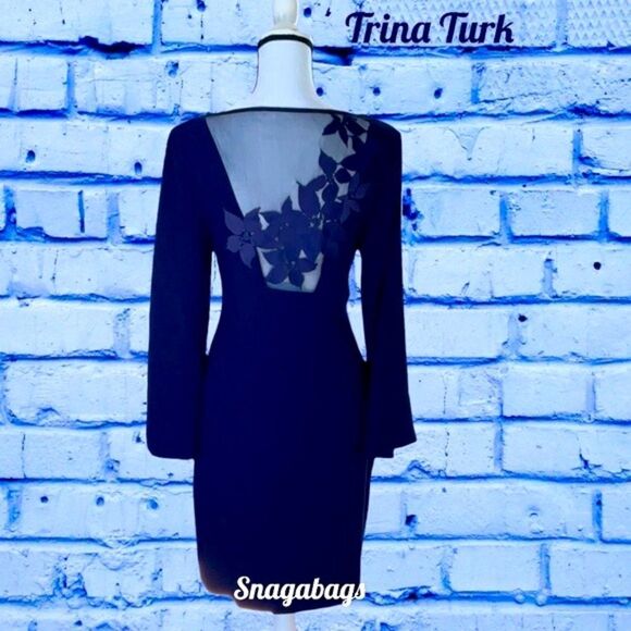 TRINA TURK NWT ENGAGING BELL SLEEVE MESH EMBROIDERY BACK SHEATH DRESS PURPLE 4 - Picture 10 of 12